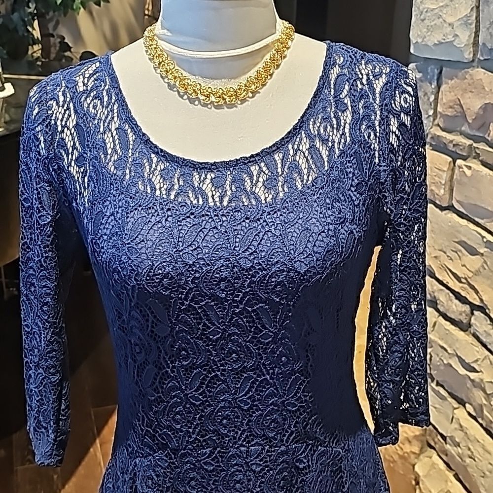 Navy lace dress fully lined zipper in back by Fishbowl size medium - Picture 2 of 10